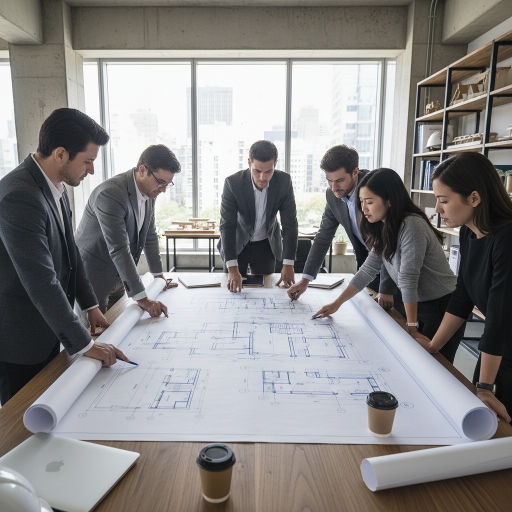 uma planta baixa com um projeto arquitetonico impresso em uma folha a0 sobre uma mesa, com pessoas ( engenheiros e arquitetos ao redor da mesa observando o projeto )